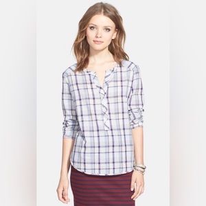 Nordstrom Rack Womens Blue Cotton Plaid Henley Shirt Size